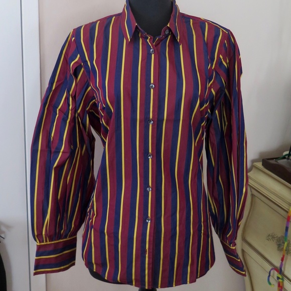 J. Crew Thomas Mason Classy Burgundy Navy Stripe Billow Sleeve Blouse NWT - Picture 4 of 12